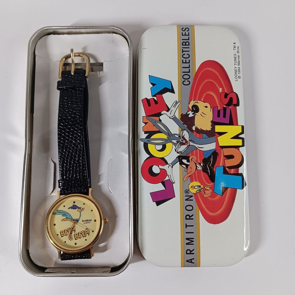 1989 WB Road Runner Armitron Quartz Watch Beep Beep Looney Tunes Black Leather